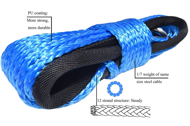 QIQU Blue 1/4""*50ft ATV Winch Line,Synthetic Rope for 4WD Parts,Off Road Rope,Synthetic Winch Cable (Blue) - Image 3